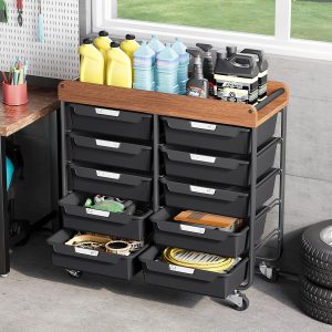 APEXCHASER 10 Drawer Rolling Storage Cart with Wood Top for Classroom Crafts